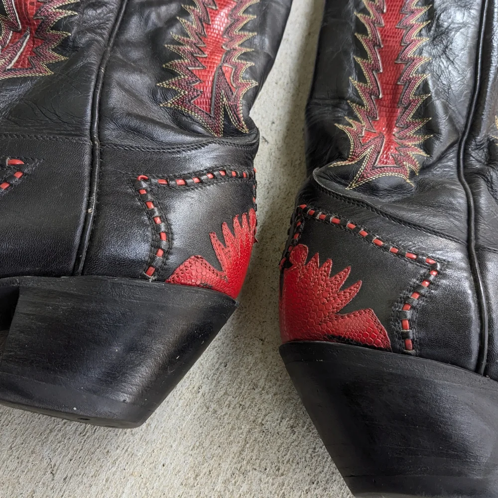 Tony Lama Cowboy Boots Red Black Lizard Leather Men 8.5 D - Picture 9 of 15